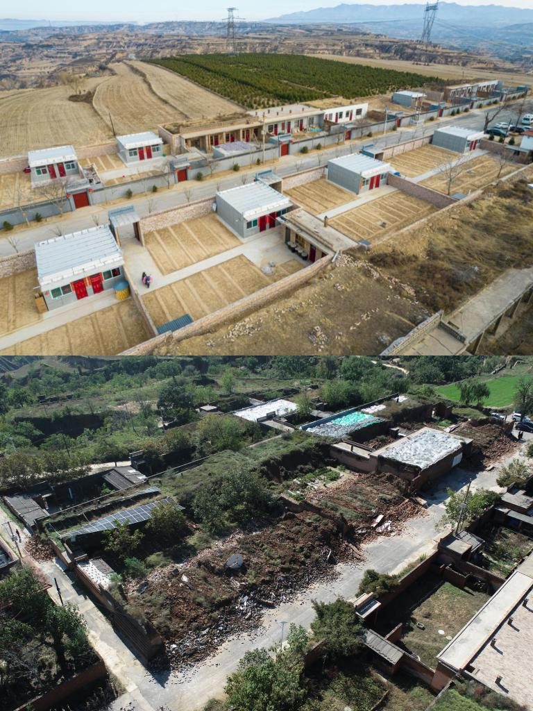 拼版照片，上圖是2022年1月山西省霍州市師莊鄉(xiāng)馮南垣村災(zāi)后恢復(fù)重建后的場(chǎng)景，下圖是2021年10月村莊因?yàn)?zāi)受損的場(chǎng)景。(霍州市委宣傳部供圖)