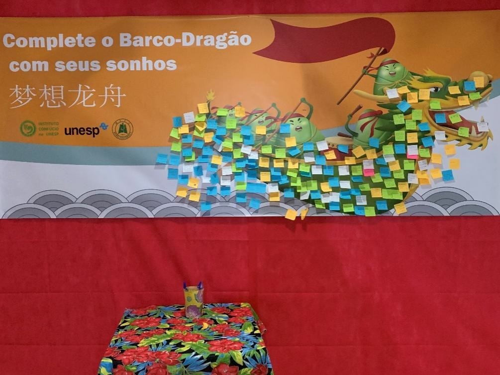 活動現(xiàn)場設置了“夢想龍舟”環(huán)節(jié)，大家將自己寫下的心愿貼在“龍舟”上，期盼“龍舟”承載自己的夢想駛向更美好的未來。（圣保羅州立大學孔子學院供圖）