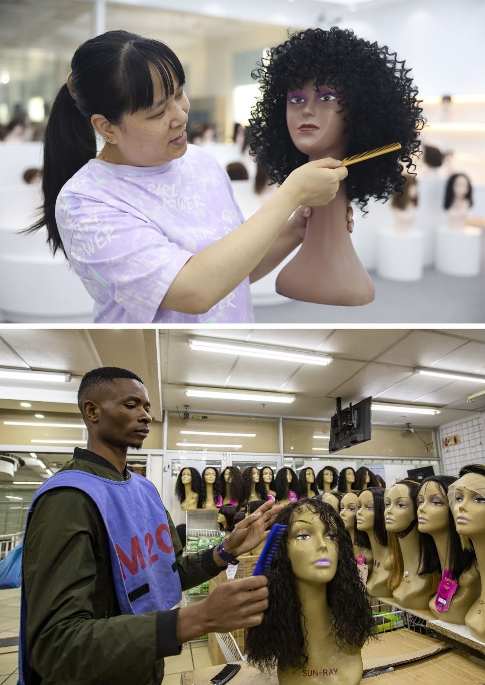 拼版照片：上圖為2023年5月25日，工人在湖南邵陽(yáng)陽(yáng)光發(fā)品有限公司展廳展示假發(fā)（新華社記者薛宇舸攝）；下圖為2023年6月9日，一名店員在湖南邵陽(yáng)陽(yáng)光發(fā)品有限公司位于南非約翰內(nèi)斯堡的店鋪內(nèi)展示假發(fā)（新華社記者張譽(yù)東攝）。新華社發(fā)