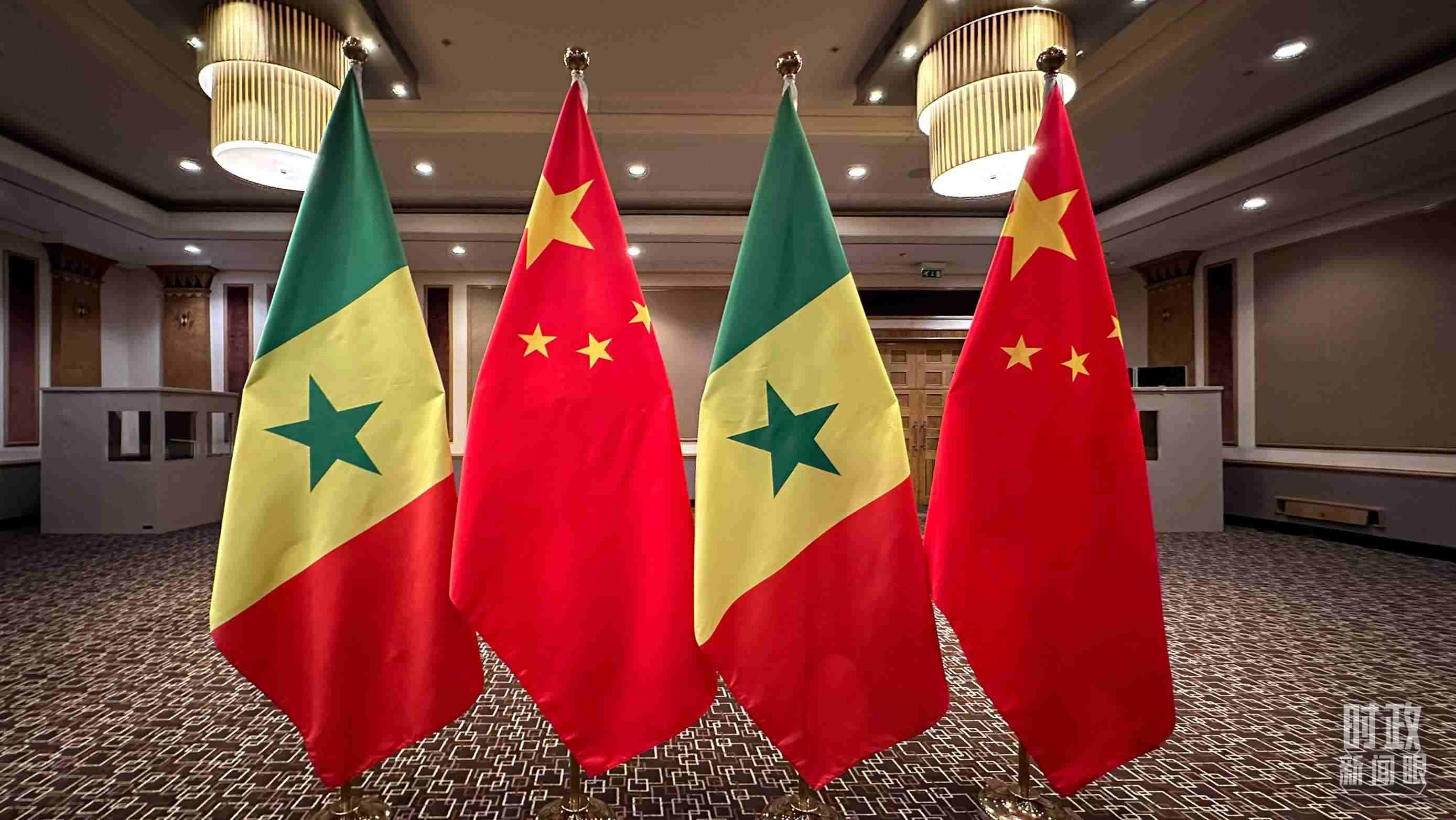 △會見現場的中塞兩國國旗。（總臺央視記者盧心雨拍攝）