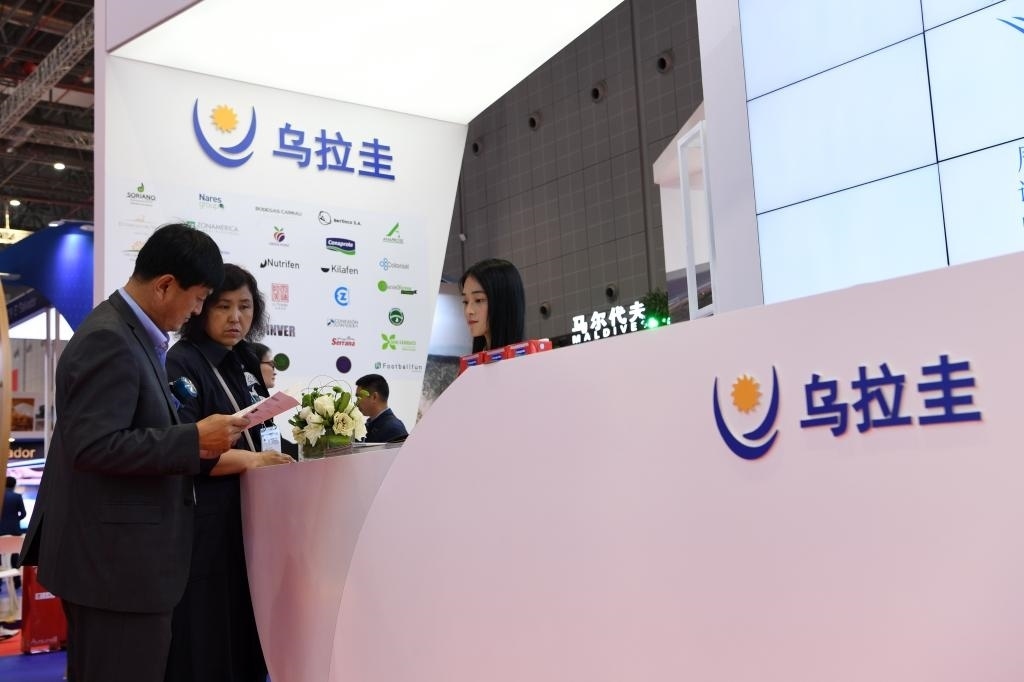 2019年11月6日，參觀者在第二屆進博會烏拉圭國家館展臺咨詢。