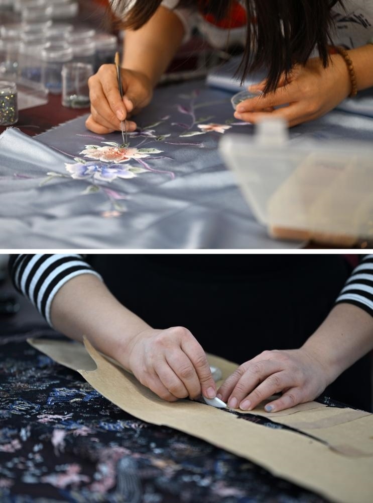 拼版照片：上圖為老美華定制車間的制衣師傅在面料上貼鉆；下圖為老美華定制車間的制衣師傅在面料上劃線（2023年12月8日攝）。天津老美華始創(chuàng)于1911年，歷史上以“千層底”布鞋聞名，是享譽(yù)津門的“中華老字號”。新華社記者 李然 攝