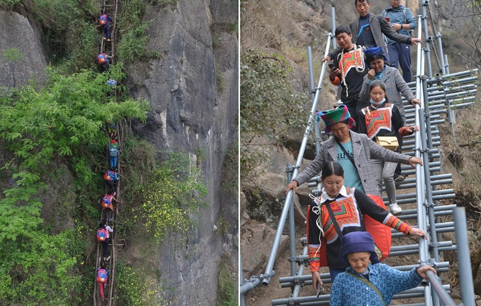 “懸崖村”今昔對(duì)比：左圖為2016年5月14日，“懸崖村”的孩子們攀爬木梯回家。右圖為2020年5月13日，“懸崖村”村民帶著行李通過鋼梯下山，搬遷至易地扶貧集中安置點(diǎn)的新家。