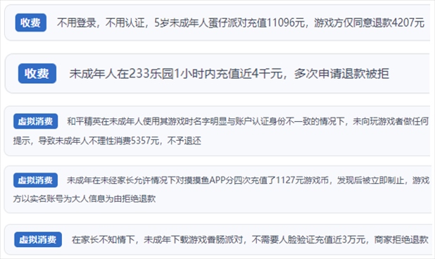 “人民投訴”用戶舉報(bào)身份認(rèn)證成擺設(shè)、大額充值無(wú)提醒、提供證據(jù)被駁回、商家設(shè)置退款障礙等未成年人網(wǎng)游消費(fèi)亂象。（“人民投訴”平臺(tái)截圖）