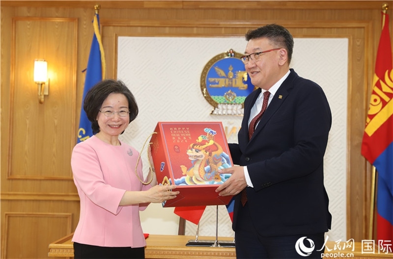 沈大使向扎布赫楞部長(zhǎng)贈(zèng)送吉祥龍。人民網(wǎng)記者 霍文攝