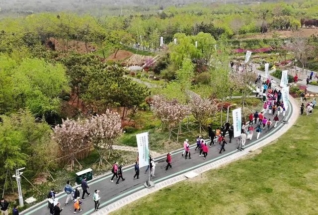4月27日，登山愛(ài)好者在浮山森林公園參加登山健身活動(dòng)（無(wú)人機(jī)照片）。新華社記者 李紫恒攝
