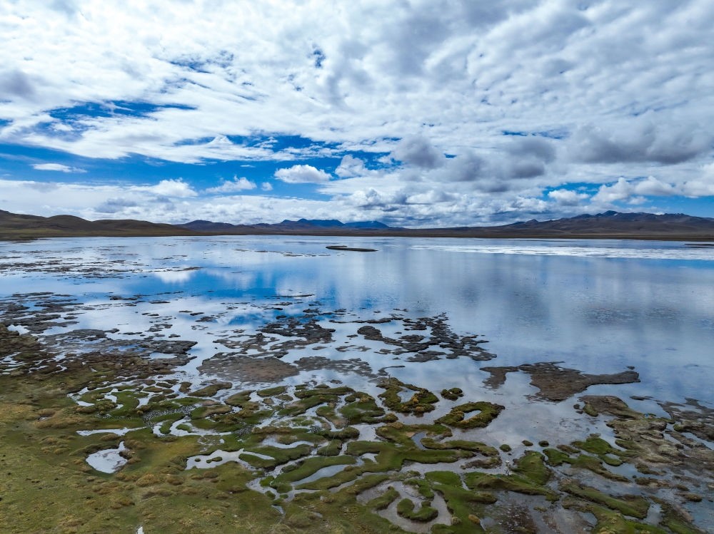 這是2024年5月26日在長江源頭地區(qū)拍攝的班德湖一角（無人機(jī)照片）。新華社記者 張龍 攝