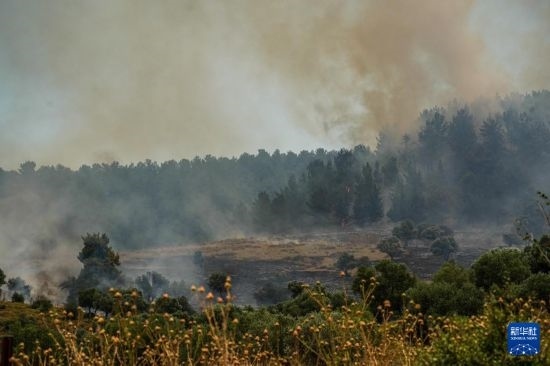  6月12日，以色列北部加利利地區(qū)遭受火箭彈襲擊后冒出滾滾濃煙。新華社發(fā)（阿亞爾·馬戈林?jǐn)z/基尼圖片社）