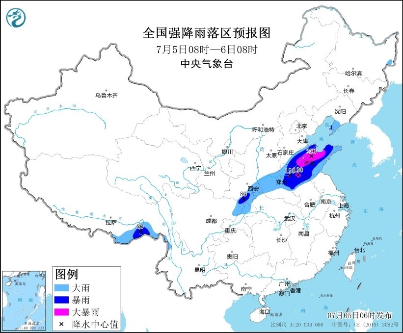 全國強降水落區(qū)預報(7月5日08時-6日08時)