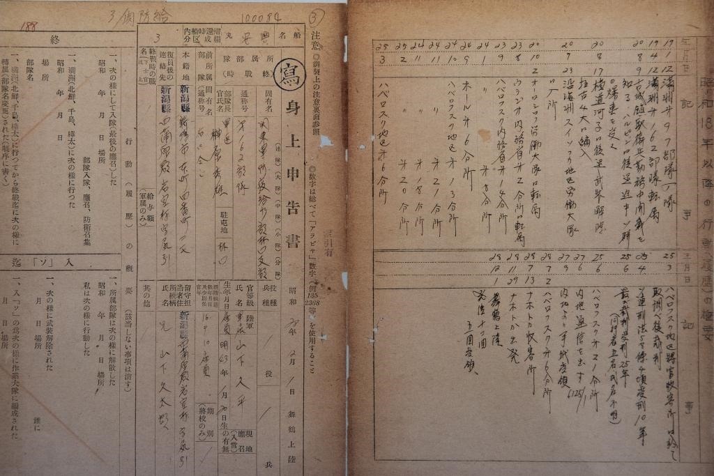 這是7月5日在侵華日軍第七三一部隊(duì)罪證陳列館拍攝的731部隊(duì)林口162支部《身上申告書》（影印件）。新華社記者 張濤 攝