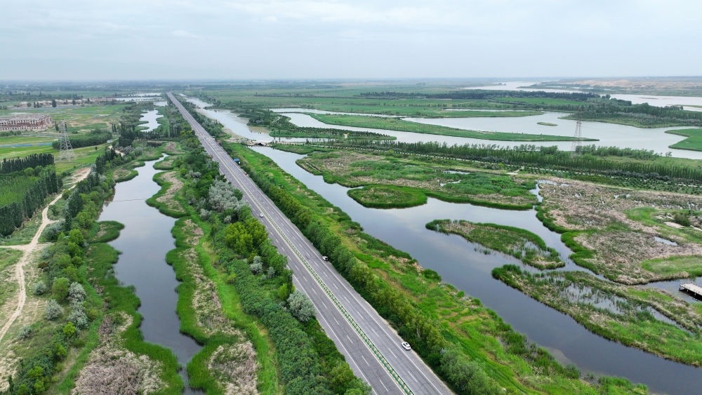 這是2024年6月13日拍攝的黃河寧夏段濱河大道（無(wú)人機(jī)照片）。近年來(lái)，寧夏努力建設(shè)黃河流域生態(tài)保護(hù)和高質(zhì)量發(fā)展先行區(qū)，全力打好黃河保護(hù)持久戰(zhàn)。新華社記者 王鵬 攝