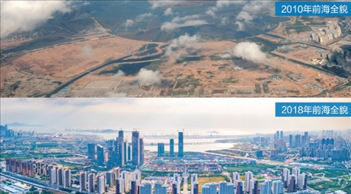△在前海石公園的前海開發(fā)開放成果展示墻上，一張八年間的前海全貌對比圖。