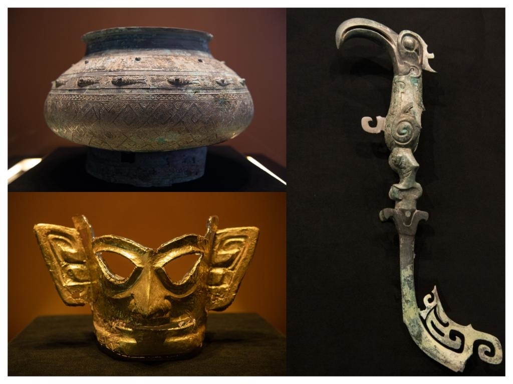 拼版照片：左上圖為青銅瓿，左下圖為黃金面具，右圖為青銅樹枝。新華社記者唐文豪 攝