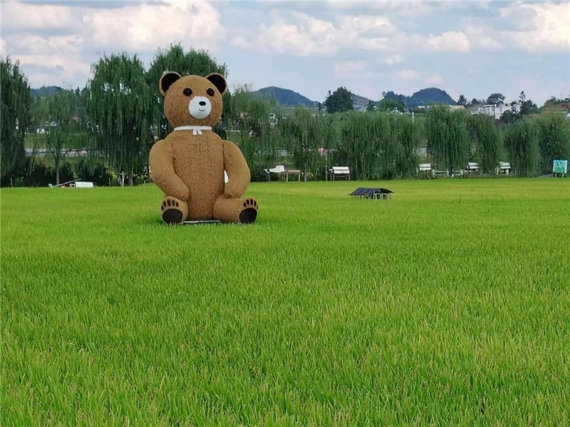 稻穗搖曳，垂柳依依，山嵐多姿，好一幅歲月靜好山鄉(xiāng)恬靜圖。這憨厚俏皮的熊玩偶造型，像是亂入其中，形成現(xiàn)代與傳統(tǒng)、好動(dòng)與寧?kù)o的反差感，讓人過(guò)目不忘，也讓人莞爾一笑。（哈薩克斯坦鳳凰24新聞社總編輯兼首席執(zhí)行官克馬爾·馬山羅攝）