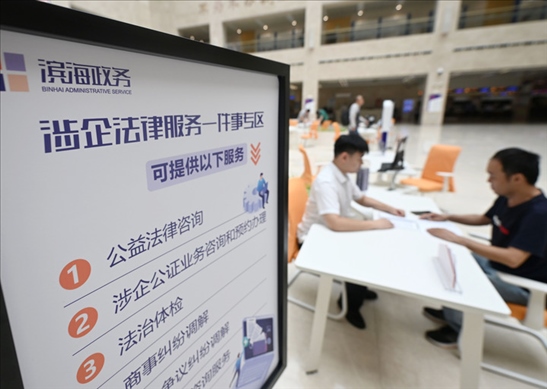 在天津?yàn)I海新區(qū)政務(wù)服務(wù)中心，工作人員在“涉企法律服務(wù)一件事”專區(qū)為市民提供服務(wù)（2024年7月31日攝）。新華社記者 趙子碩 攝