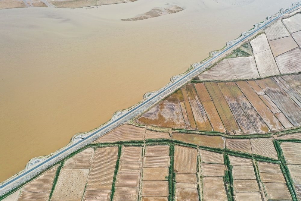 2024年5月26日在內(nèi)蒙古巴彥淖爾市臨河區(qū)拍攝的黃河（無(wú)人機(jī)照片）。巴彥淖爾市位于黃河“幾字彎”北端，擁有富饒的河套灌區(qū)，引黃灌溉面積達(dá)1000多萬(wàn)畝。近年來(lái)，在引黃灌溉工程支撐下，河套灌區(qū)年均糧食總產(chǎn)量達(dá)60億斤以上。