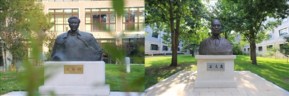 拼版照片：左圖為中央黨校（國家行政學(xué)院）校園內(nèi)的焦裕祿雕塑；右圖為中央黨校（國家行政學(xué)院）校園內(nèi)的谷文昌雕塑。