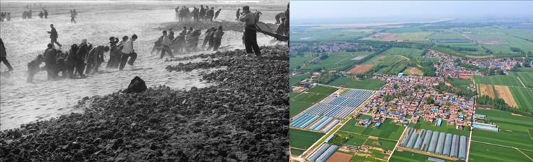 拼版照片：左圖為蘭考群眾在拉淤土壓沙（新華社記者 鄧歷耕 攝）；右圖為2024年4月25日拍攝的蘭考縣張莊村（無人機照片，新華社記者 郝源 攝）。