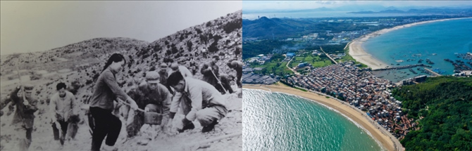 拼版照片：左圖為東山縣群眾在荒山上種植樹苗（資料照片）；右圖為2020年6月18日拍攝的東山縣陳城鎮(zhèn)澳角村附近風(fēng)光（無人機照片，新華社記者 姜克紅 攝）。