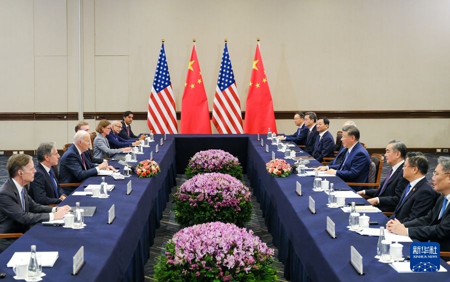 當(dāng)?shù)貢r(shí)間11月16日下午，國家主席習(xí)近平在利馬同美國總統(tǒng)拜登舉行會(huì)晤。新華社記者 丁林 攝