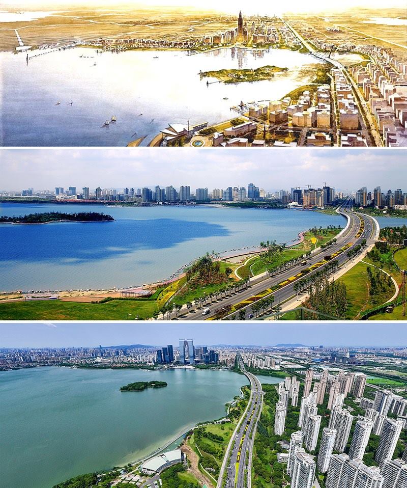 拼版照片：上圖為1994年繪制的蘇州工業(yè)園區(qū)手繪規(guī)劃圖；中圖為2007年拍攝的蘇州工業(yè)園區(qū)；下圖為2023年7月4日用無人機(jī)拍攝的蘇州工業(yè)園區(qū)。