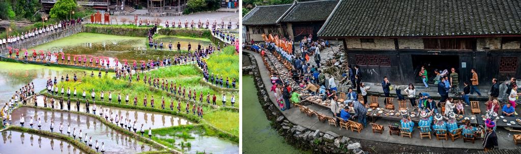 左圖：近期，人們?cè)诶杵娇h肇興侗寨的田園里演唱侗族大歌（黎平縣委宣傳部供圖）；右圖：這是2023年拍攝的十八洞村長(zhǎng)桌宴（湘西州委宣傳部供圖）。