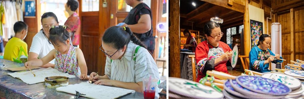 左圖：近期，游客在黎平縣肇興侗寨體驗(yàn)非遺蠟染藝術(shù)（黎平縣委宣傳部供圖）；右圖：這是2024年拍攝的繡娘在十八洞村梨子寨苗繡鄉(xiāng)村振興示范基地制作苗繡產(chǎn)品（湘西州委宣傳部供圖）。