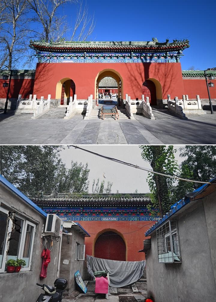 位于先農(nóng)壇內(nèi)的慶成宮，曾長(zhǎng)時(shí)間被雜亂的民居占據(jù)。在北京中軸線申遺保護(hù)工作的帶動(dòng)下，北京完成了慶成宮區(qū)域文物征收騰退、非文物建筑拆除、彩畫(huà)保護(hù)、本體修繕、展覽布陳等，讓560多年歷史的古建群重新回歸。2024年12月，北京中軸線上先農(nóng)壇內(nèi)的慶成宮首次面向社會(huì)公眾開(kāi)放。上圖為騰退修繕后的慶成宮內(nèi)宮門(mén)（資料照片）；下圖為翻拍的慶成宮內(nèi)宮門(mén)騰退修繕前的資料照片（2024年12月21日攝）。